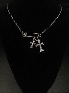 Chrome Hearts Safety Pin Double Diamond Studded Floral Cross Unisex Necklace